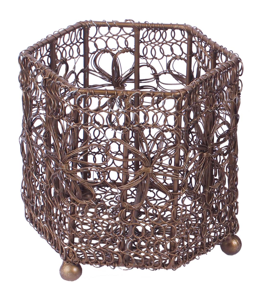 5” Hexagonal Tea-Light Holder / Candle Stand in Wire Mesh with Floral Pattern - Bronze Color - Antique-Look Home Decor - Buy in Bulk Wholesale